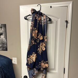 Blue and Cream Floral Accent Romper